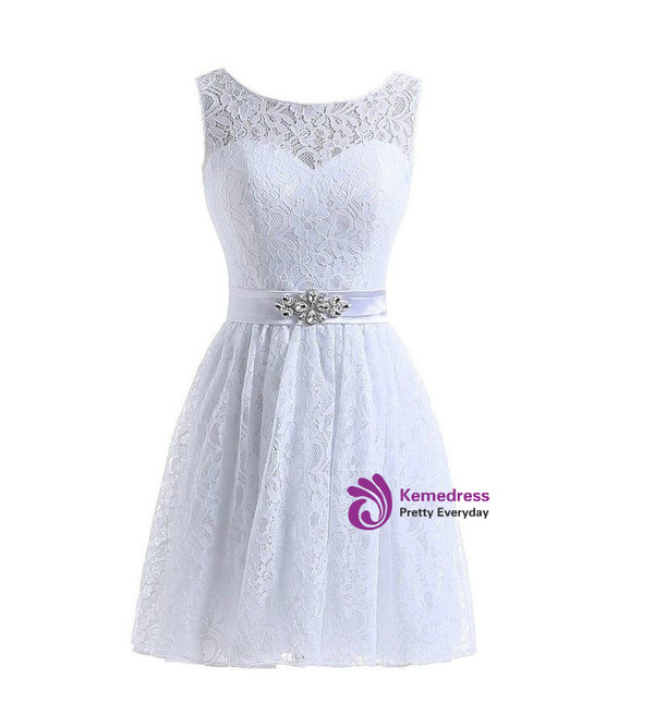 Short Lace Knee Length Sleeveless Bridesmaid Dress With Crystal