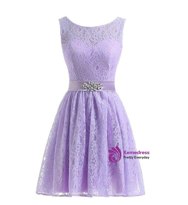 Short Lace Knee Length Sleeveless Bridesmaid Dress With Crystal