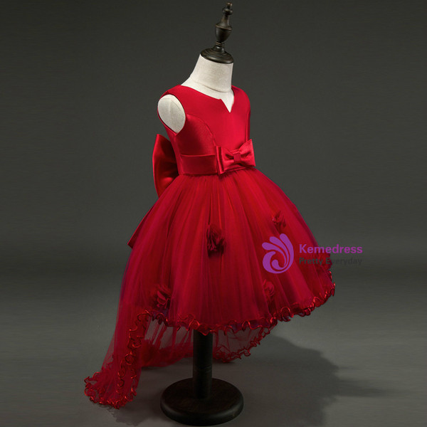 In Stock:Ship in 48 hours Ready To Ship Cheap Red Satin Bow Hi Lo Tulle Flower Girl Dress