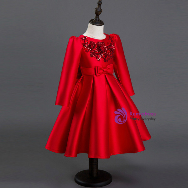 In Stock:Ship in 48 hours Ready To Ship Red Satin Long Sleeve Girl Dress