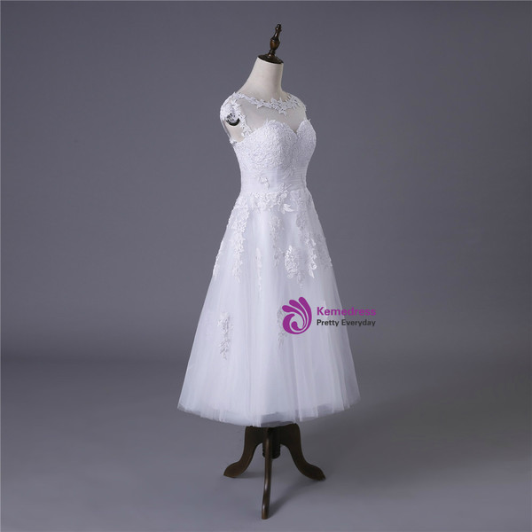 Short A-line Tea Length Tulle Appliques Lace Wedding Dresses