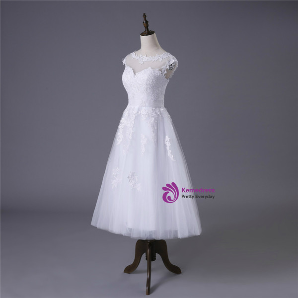 Short A-line Tea Length Tulle Appliques Lace Wedding Dresses