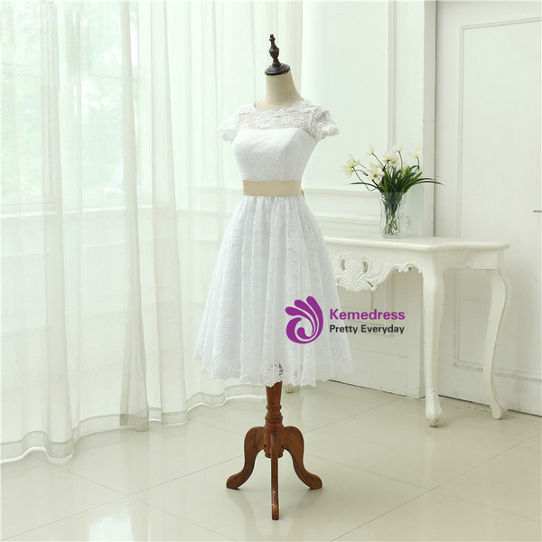 2018 Vintage Tea Length Lace Short Wedding Dress