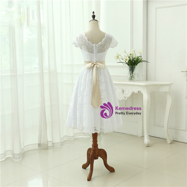 2018 Vintage Tea Length Lace Short Wedding Dress