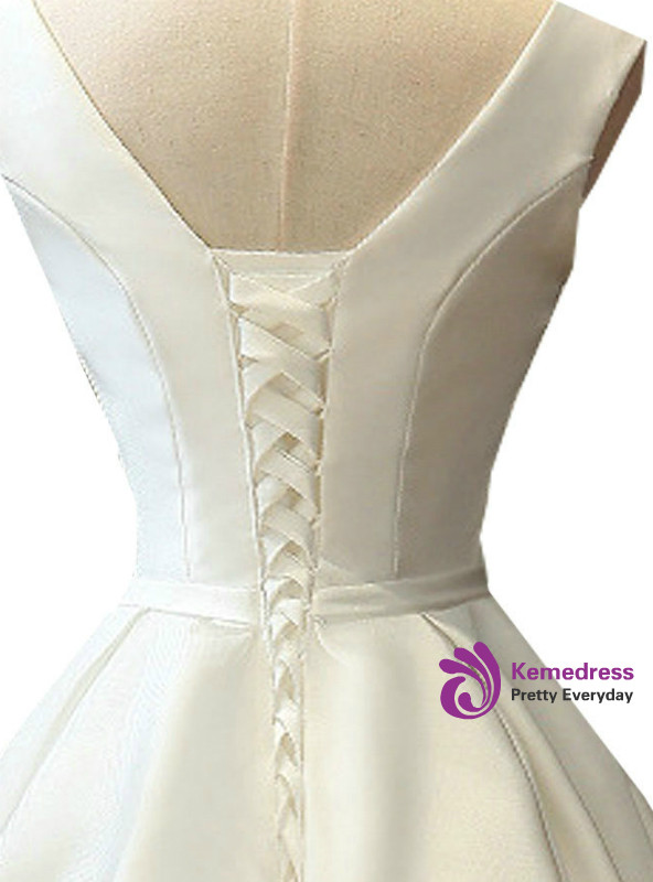 Satin A-Line Short V Neck Sashes Lace Up Tea Length Bridal Dresses