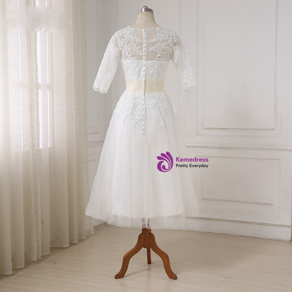 Short Half Sleeves Tea Length Beaded Applique Tulle Wedding