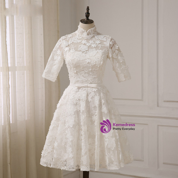 A-line High Collar Lace Half Sleeves Knee Length Wedding Dresses