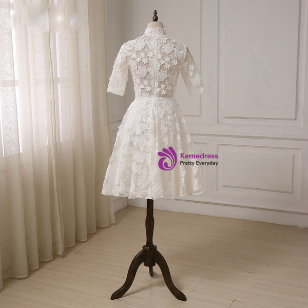A-line High Collar Lace Half Sleeves Knee Length Wedding Dresses