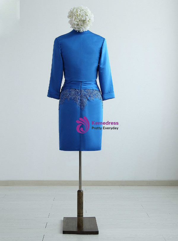 Blue Satin Appliques Lace Beading Knee-Length Mother of the Bride Dresses