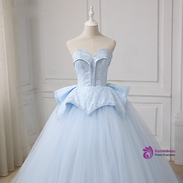 Blue Tulle Lace Up Sweetheart Ball Gown Beading Wedding Dress