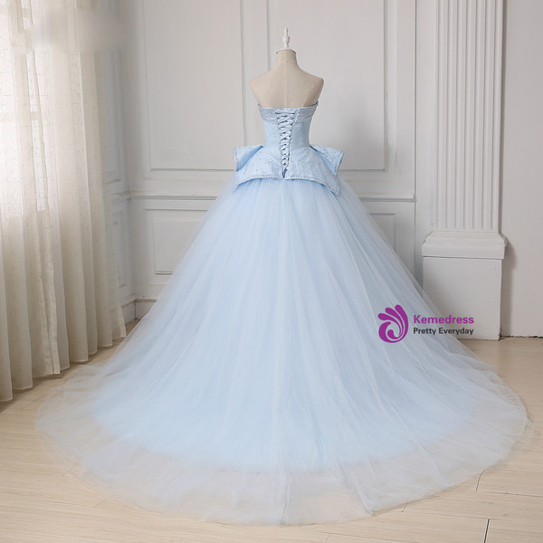 Blue Tulle Lace Up Sweetheart Ball Gown Beading Wedding Dress