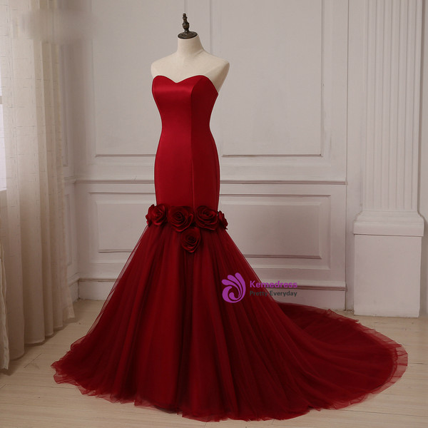 Red Sweetheart Sleeveless Tulle and Satin Bride Wedding Dress