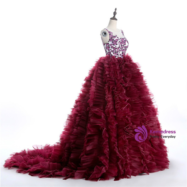 Burgundy Ball Gown Ruffles Beading Crystal Wedding Dress