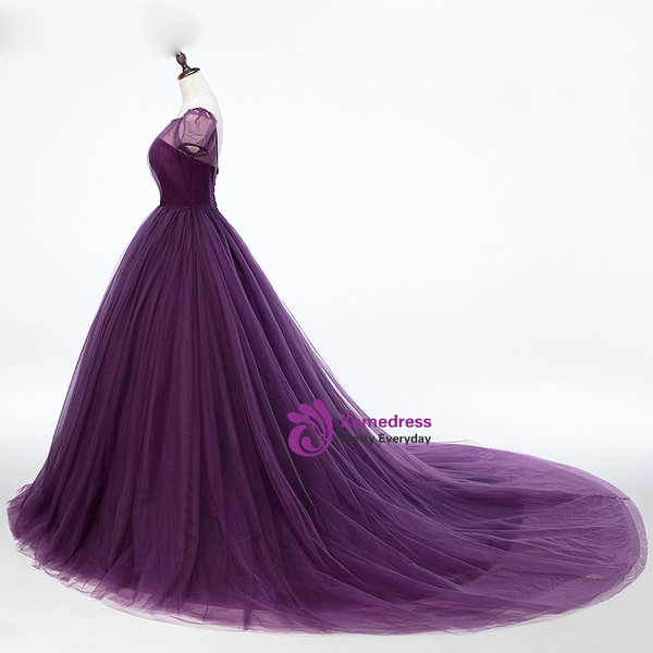 Purple Ball Gown Tulle Short Sleeve Backless Train Wedding Dress