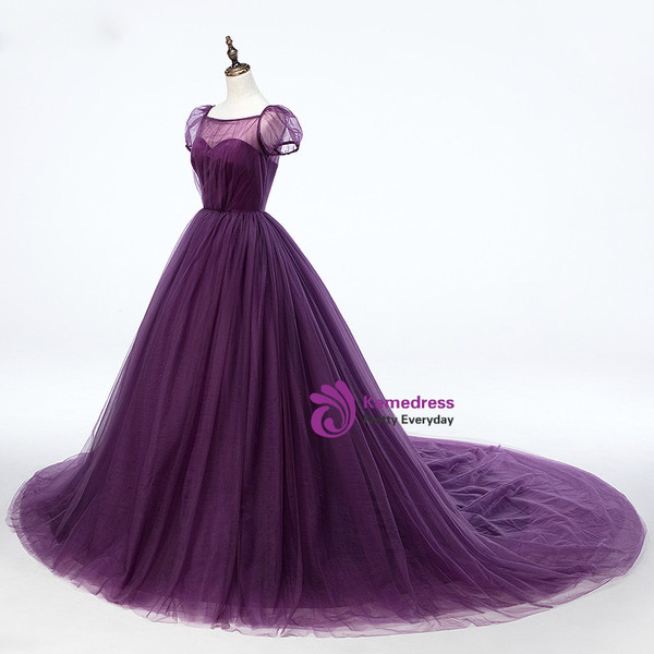 Purple Ball Gown Tulle Short Sleeve Backless Train Wedding Dress