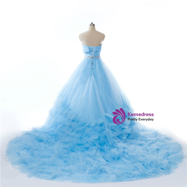 Sweetheart Blue Ruched Crystal Tulle Bridal Train Wedding Dress