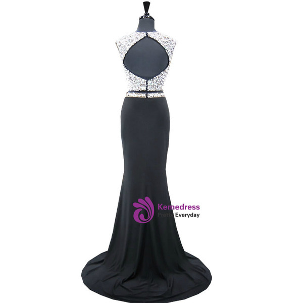 Sparkly Beaded Top Scoop Neckline Sleeveless Crystals Prom Dress