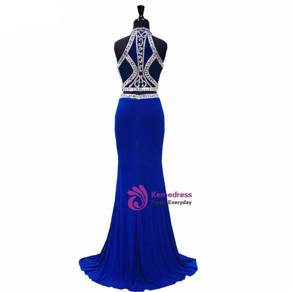 Royal Blue Mermaid High Neck Beaded Crystals Floor Length Prom Dress