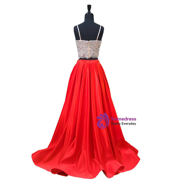 A-line Sweetheart Spaghetti Strap Satin Red Two Piece Prom Dress