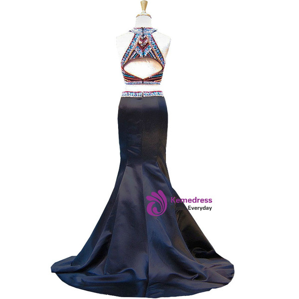 Mermaid Scoop Beaded Backless Black Two Piece Prom Dress
