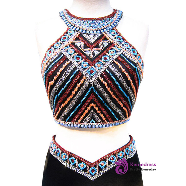 Mermaid Scoop Beaded Backless Black Two Piece Prom Dress