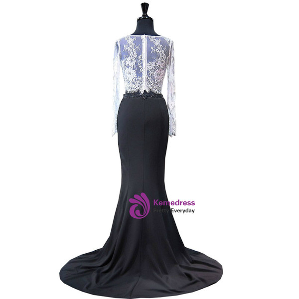Mermaid Lace Long Sleeve Black And White Two Piece Prom Dress