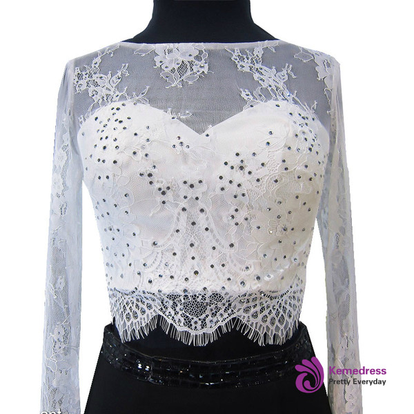 Mermaid Lace Long Sleeve Black And White Two Piece Prom Dress