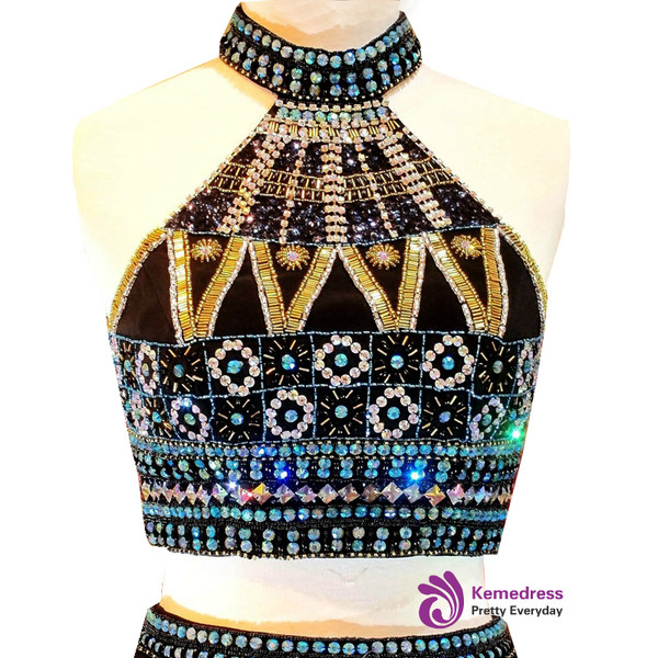 Mermaid High Neck Beaded Crystals Black Two Piece Prom Dress