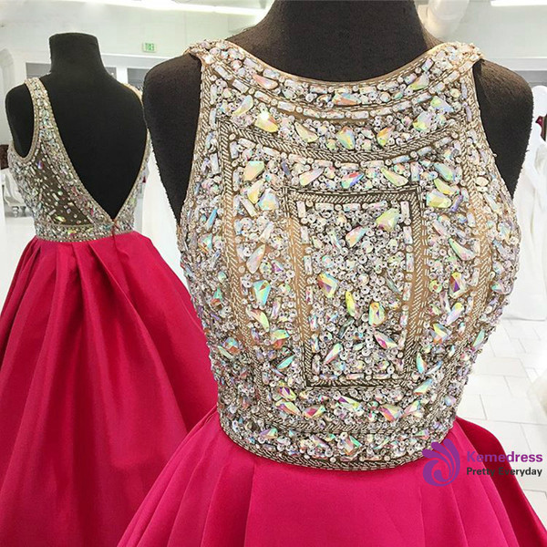 Sparkly Beaded Crystals Hot Pink Satin Backless Prom Dress