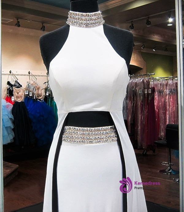 Mermaid High Neck Sleeveless Beaded Crystals White Prom Dress