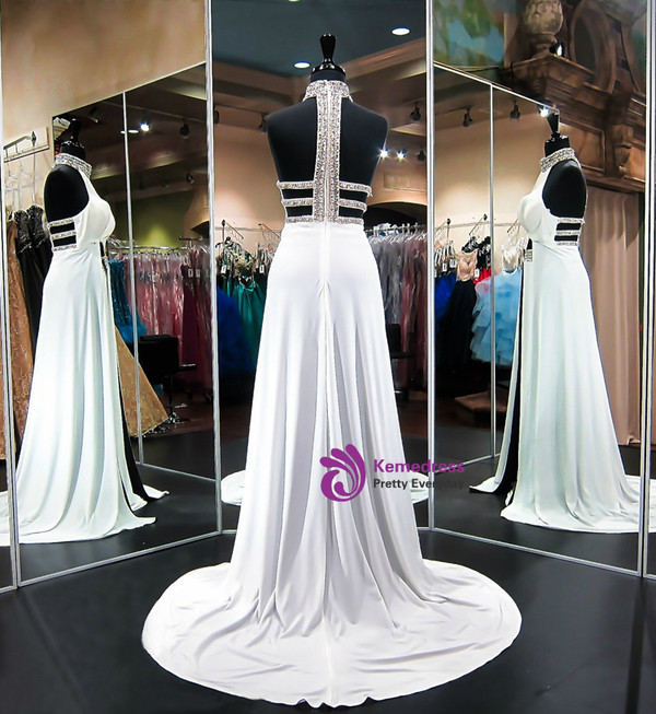 Mermaid High Neck Sleeveless Beaded Crystals White Prom Dress