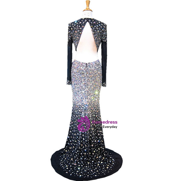 Mermaid Scoop Long Sleeve Beaded Crystals Floor Length Prom Dress