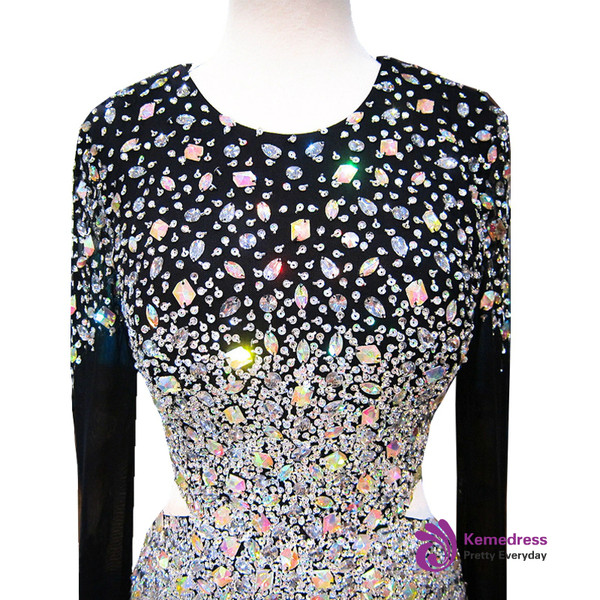 Mermaid Scoop Long Sleeve Beaded Crystals Floor Length Prom Dress