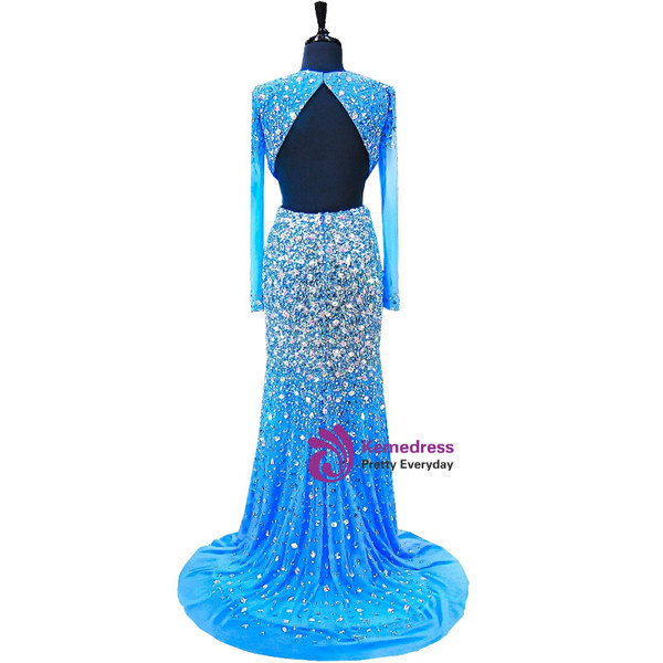 Mermaid Scoop Long Sleeve Beaded Crystals Floor Length Prom Dress