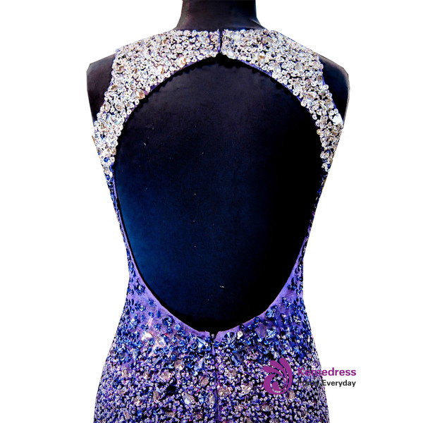 Mermaid Sweetheart Beaded Crystals Backless High Slit Dark Purple Prom Dress