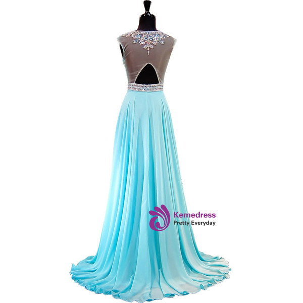 Light Blue Beaded Crystals Sheer Back African Chiffon Prom Dress