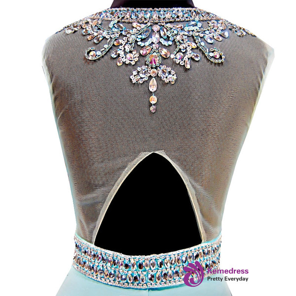 Light Blue Beaded Crystals Sheer Back African Chiffon Prom Dress