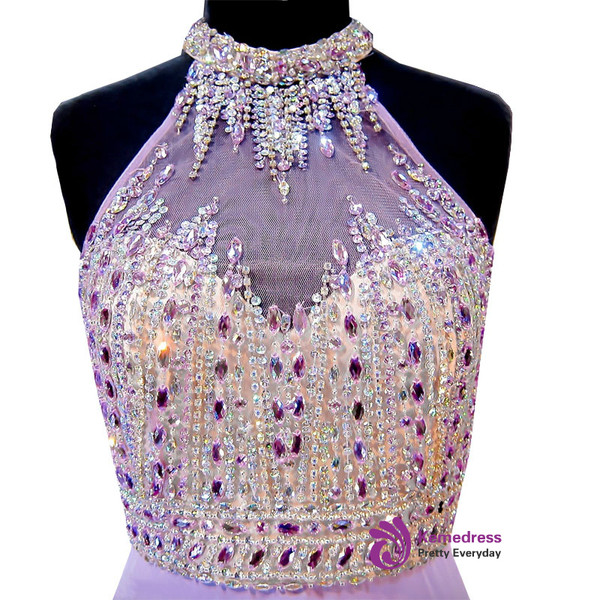 A-line Beaded Crystals Floor Length Backless Lilac Chiffon Prom Dress