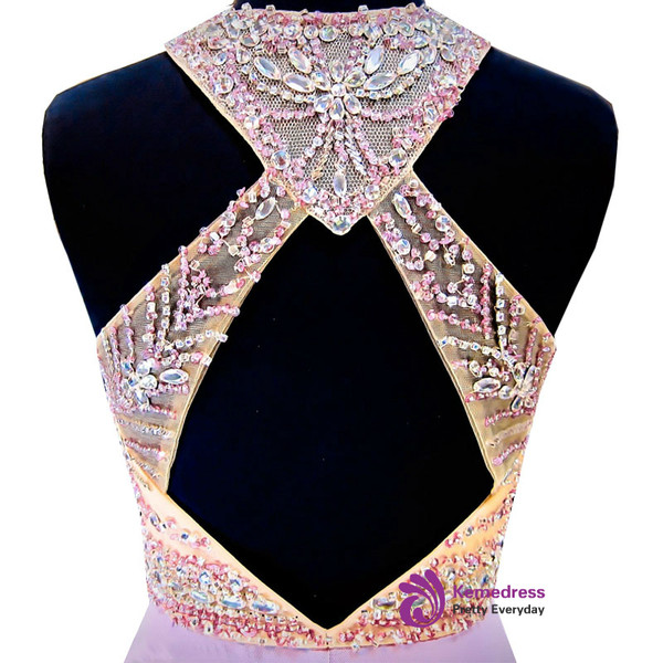 A-line Sleeveless Beaded Crystals Backless Lilac Chiffon Prom Dress