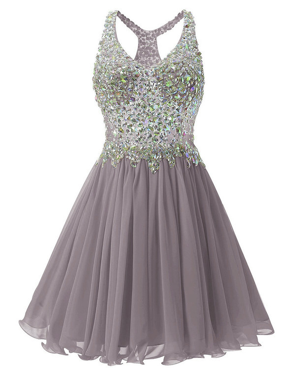 In Stock:Ship in 48 hours Gray Chiffon Crystal Homecoming Dress