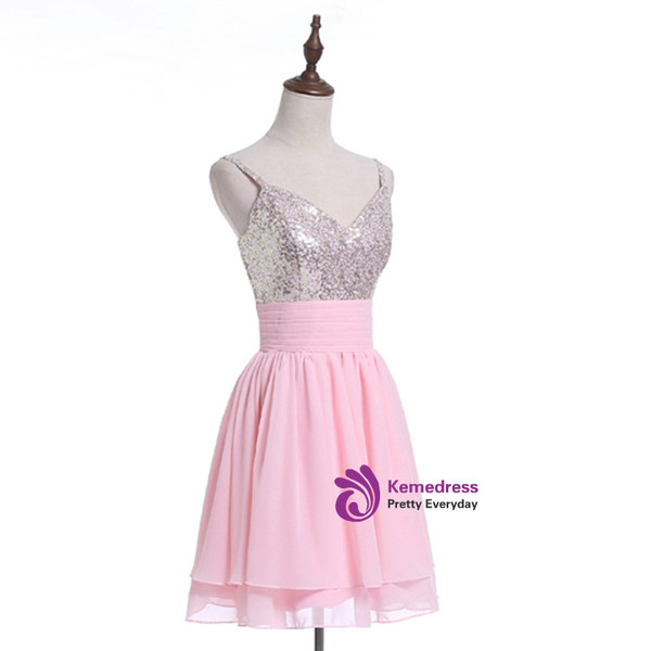 In Stock:Ship in 48 hours Pink Chiffon Sequins Homecoming Dress