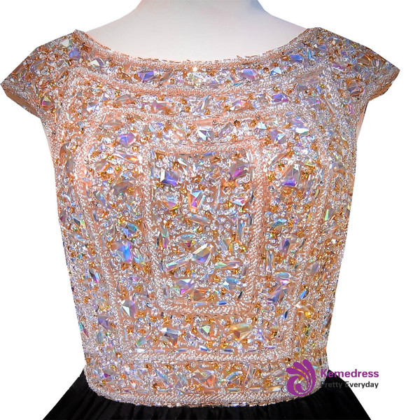 A-line Sleeveless Beaded Crystals Backless Black Homecoming Dresses