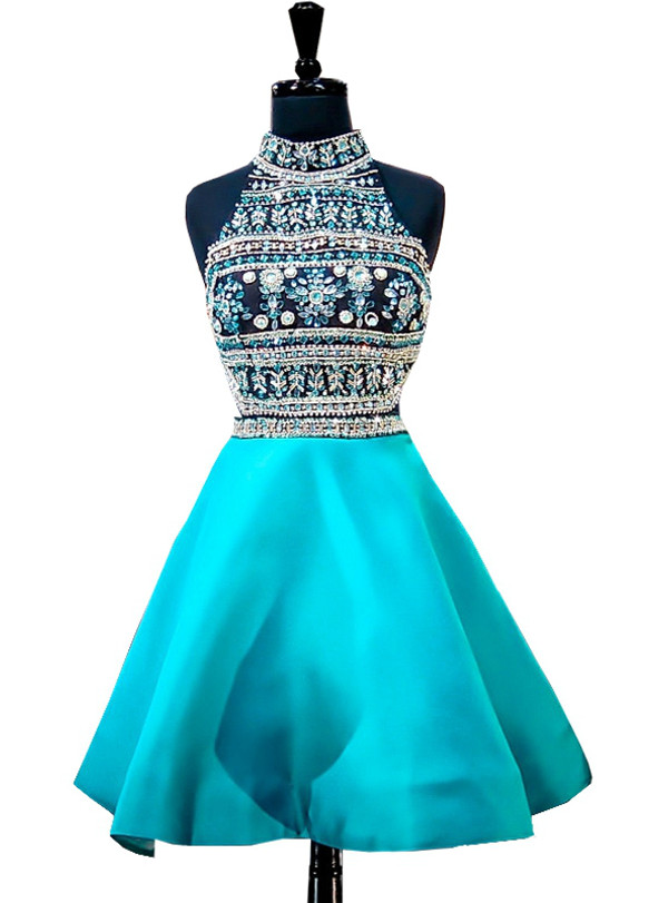 Blue High Neck Beaded Crystals Backless Party Homecoming Dress