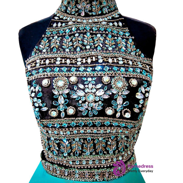 Blue High Neck Beaded Crystals Backless Party Homecoming Dress