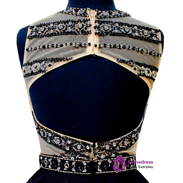 A-line Beaded Crystals Backless Black Short Homecoming Dress