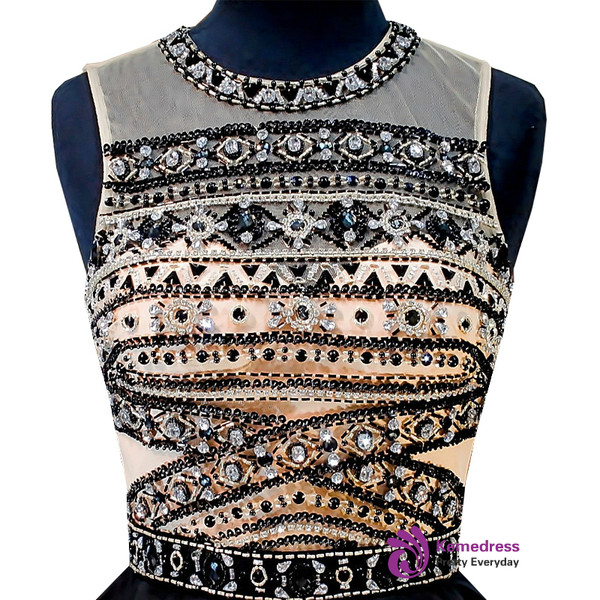 A-line Beaded Crystals Backless Black Short Homecoming Dress