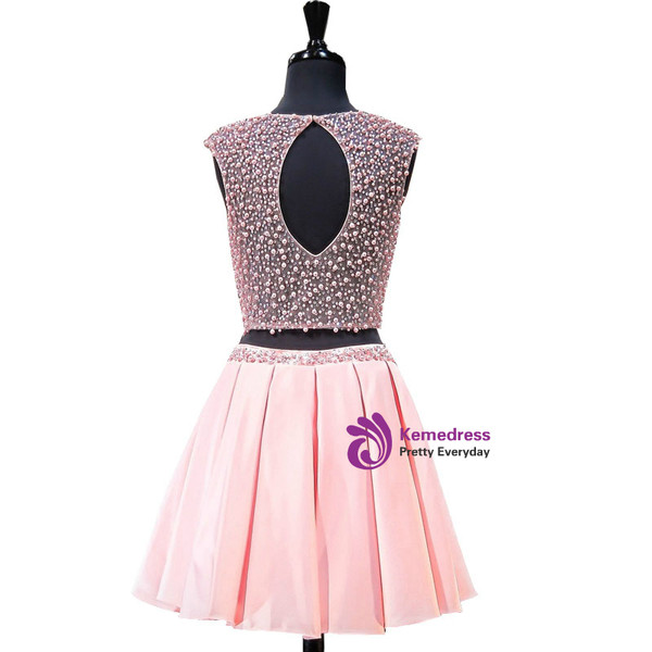 A-line Two Piece Short Pink Backless Short Homecoming Dresses