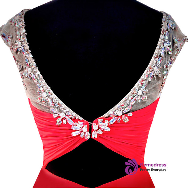 Cap Sleeve Beaded Crystals Backless Red Chiffon Homecoming Dress