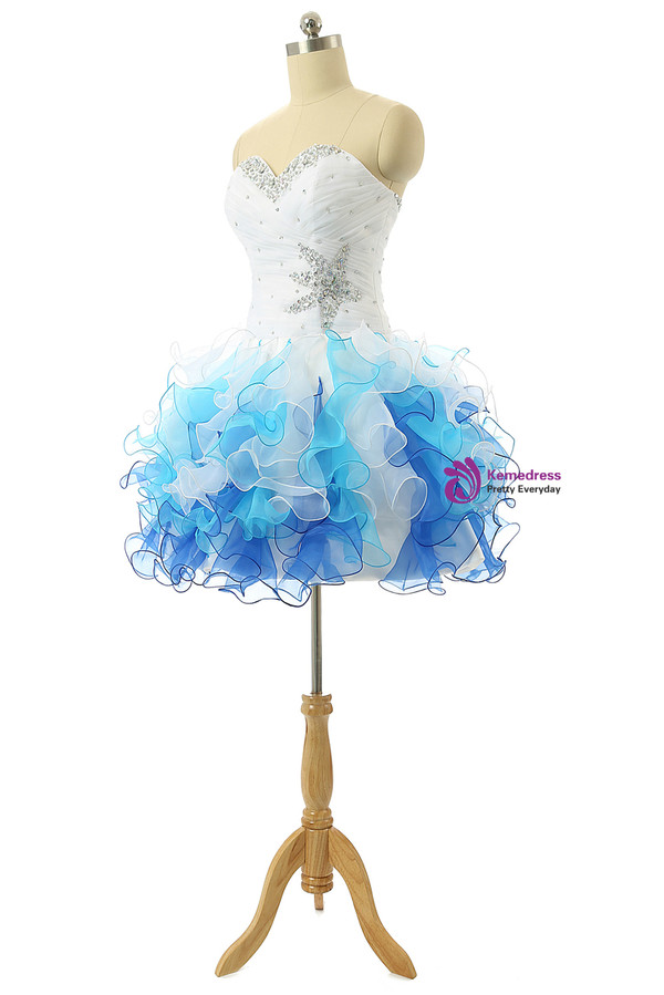 White And Blue Organza Knee Length Cocktail Dresses