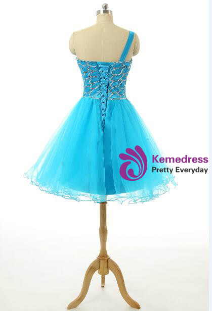 Short Blue Cocktail Dresses Tulle Beaded Knee Length Cocktail Dress